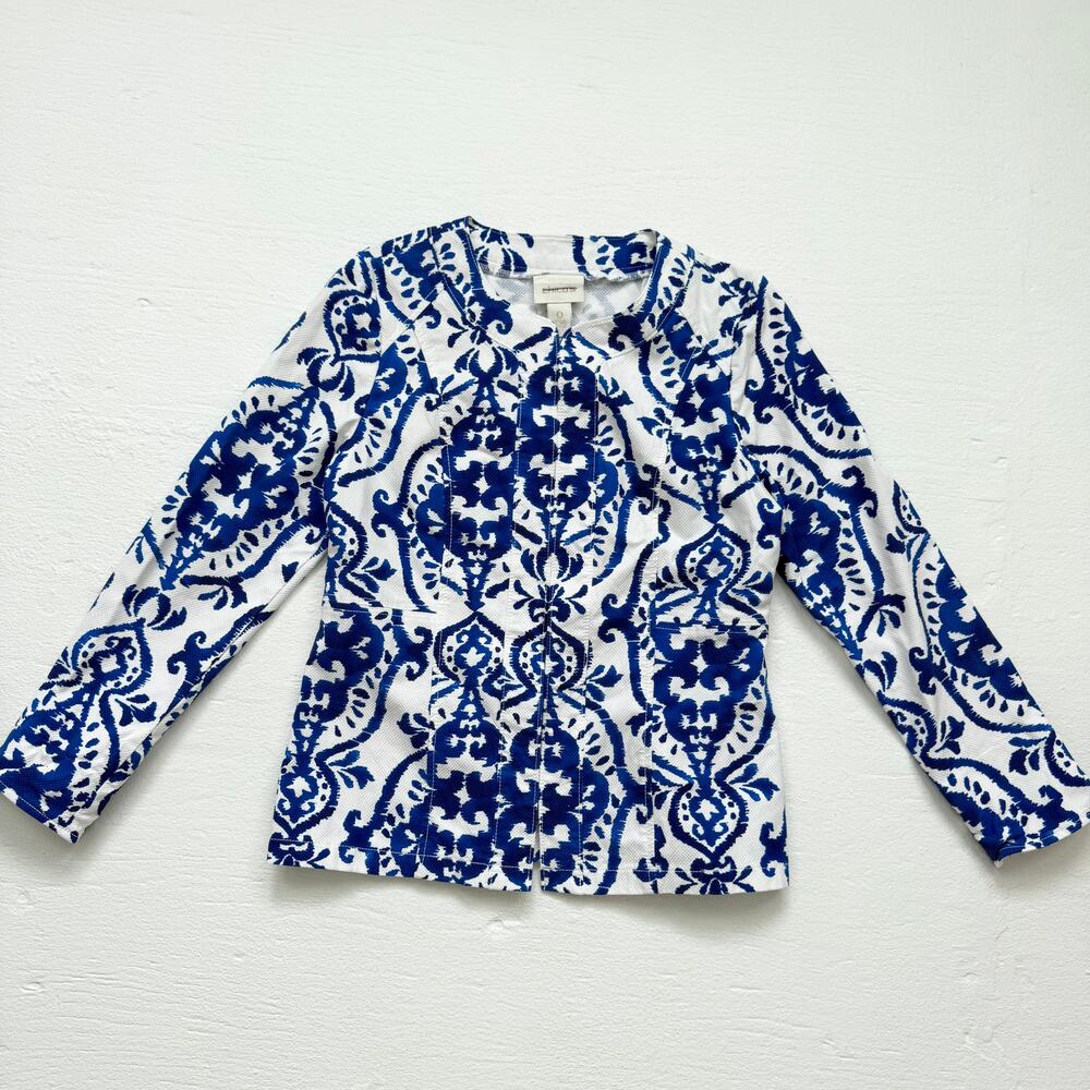 Chico’s Hook Eye Front Blue White Textured Jacket, Size Small